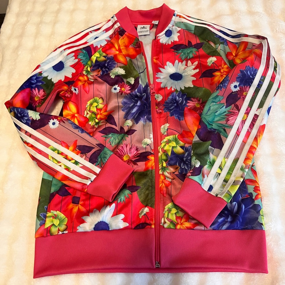 Adidas Women's Vibrant Floral Bomber Jacket - Red and Blue